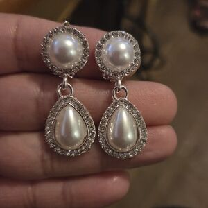 Pearl Drop Dangle Earrings with Crystal Halo - Silver Tone